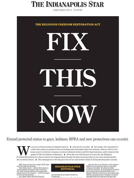 Front Page of 3/31/15 Issue of the Indianapolis Star
